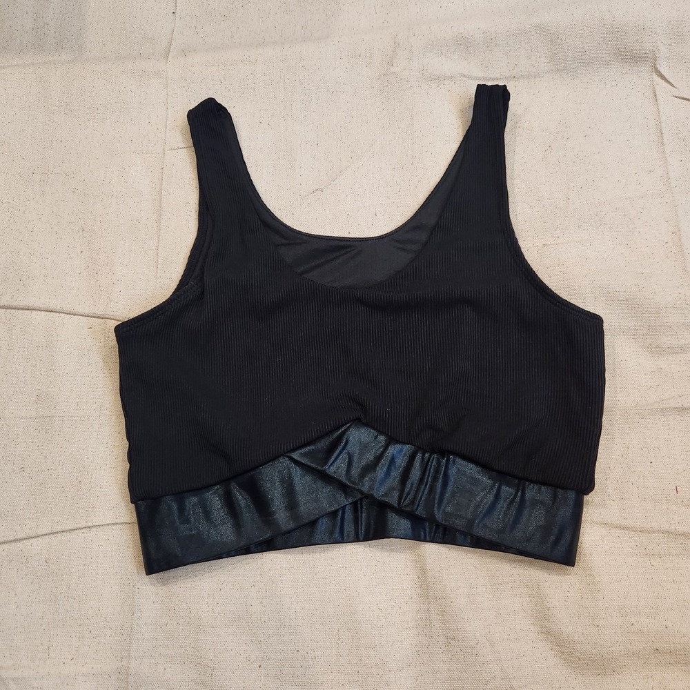 New Electric Yoga Black Sports Bra Small Activewear Crop Top Scoop Faux Leather